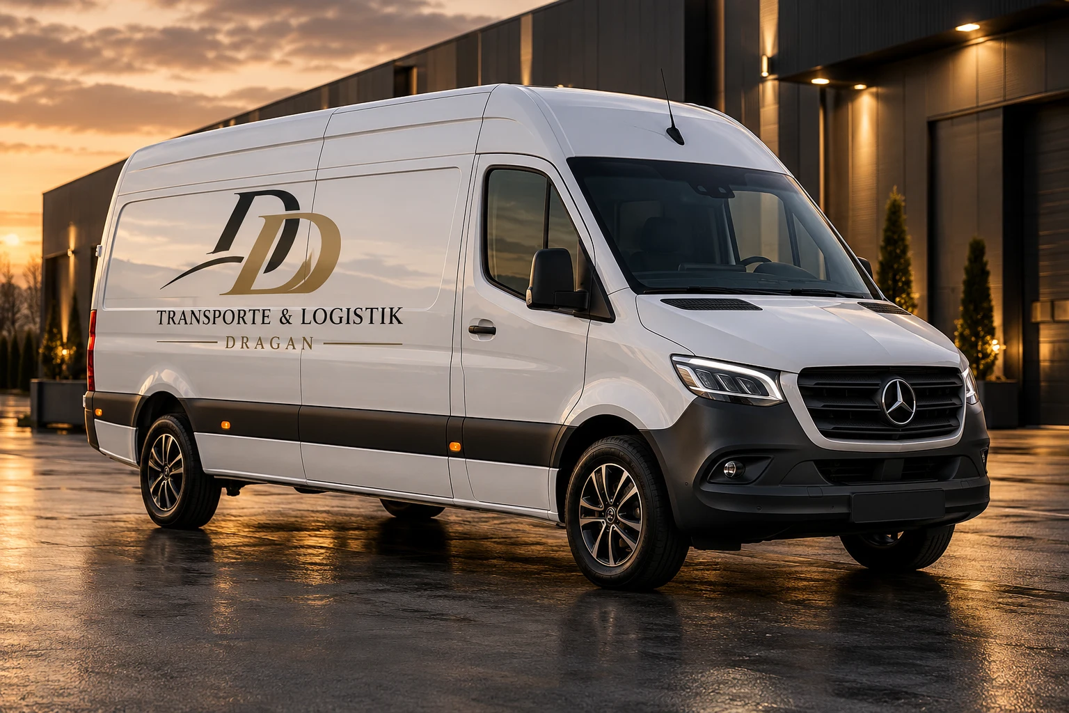 Weißer Sprinter mit DD Transporte & Logistik Branding im Abendlicht – KI-generiertes Markenmotiv