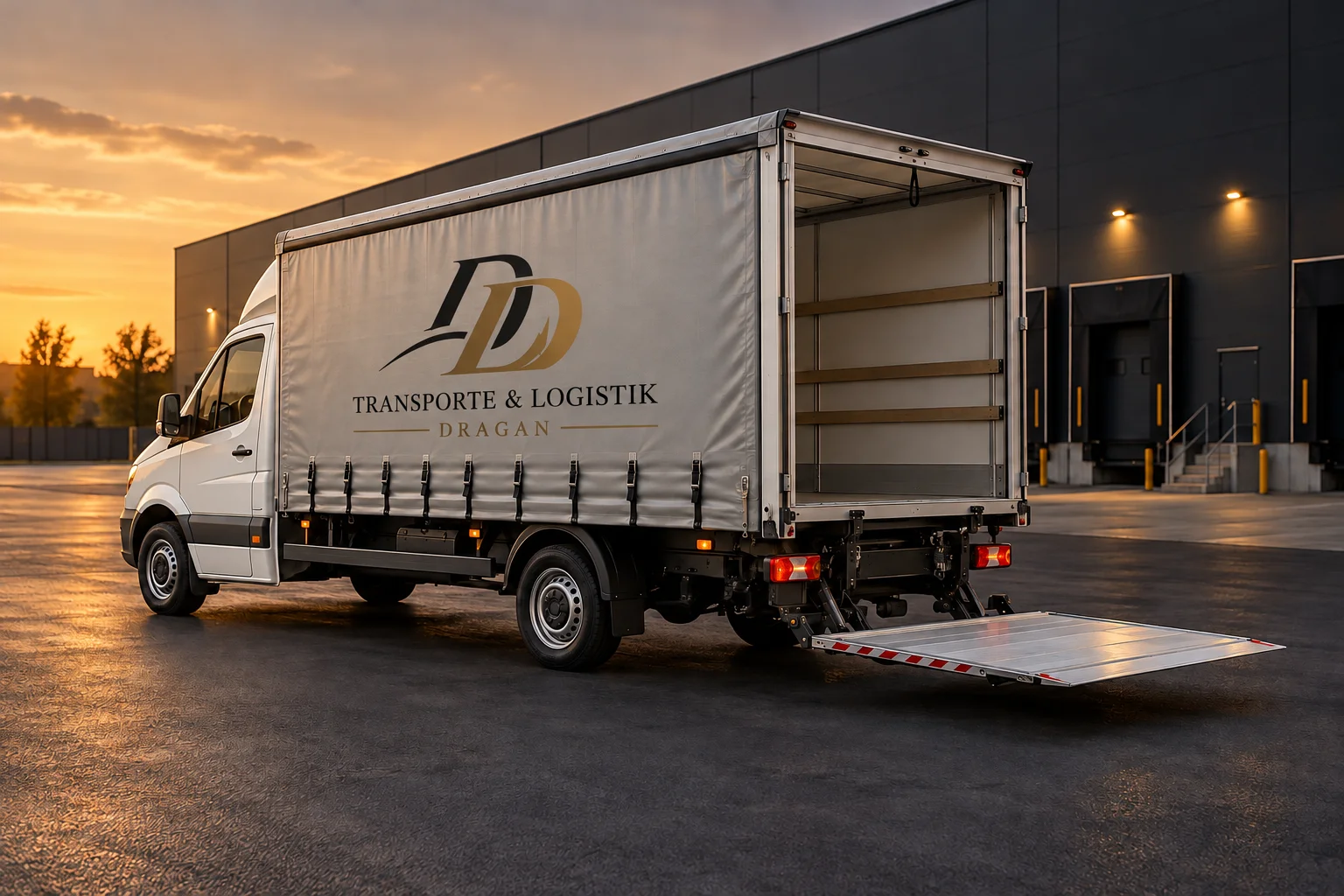Mercedes Sprinter Planenbus mit Hebebühne, Modell 2017 – KI-generierte Illustration